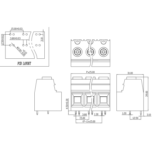 Blocco PCB a vite super corrente da 15,0 mm tipi di vite Super corrente 115A1000V